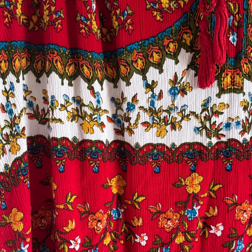 Bila Red, White and Blue Floral Boho Peasant Top with Tassel Tie Medium - Picture 5 of 9